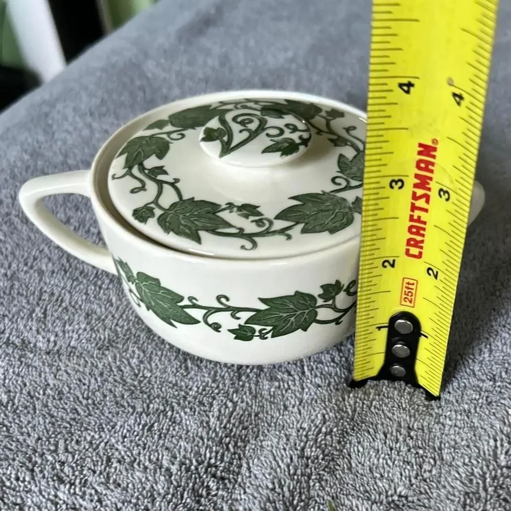 VTG Porcelain Green + White Porcelain Floral Vine Leaf Kitchen Container + Lid